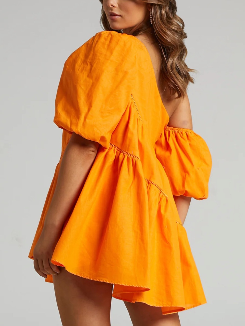 SHOWPO | Harleen Mini Dress
Linen Asymmetrical Trim Puff Sleeve Dress In Orange - Picture 4 of 8